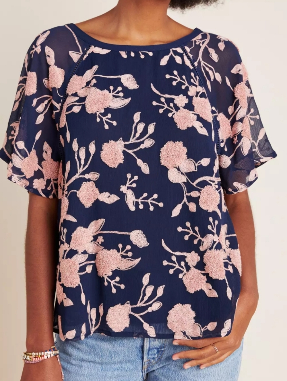 Anthropologie Maeve Franco Textured Navy Blouse with Pink Embroidered Trim, XL.